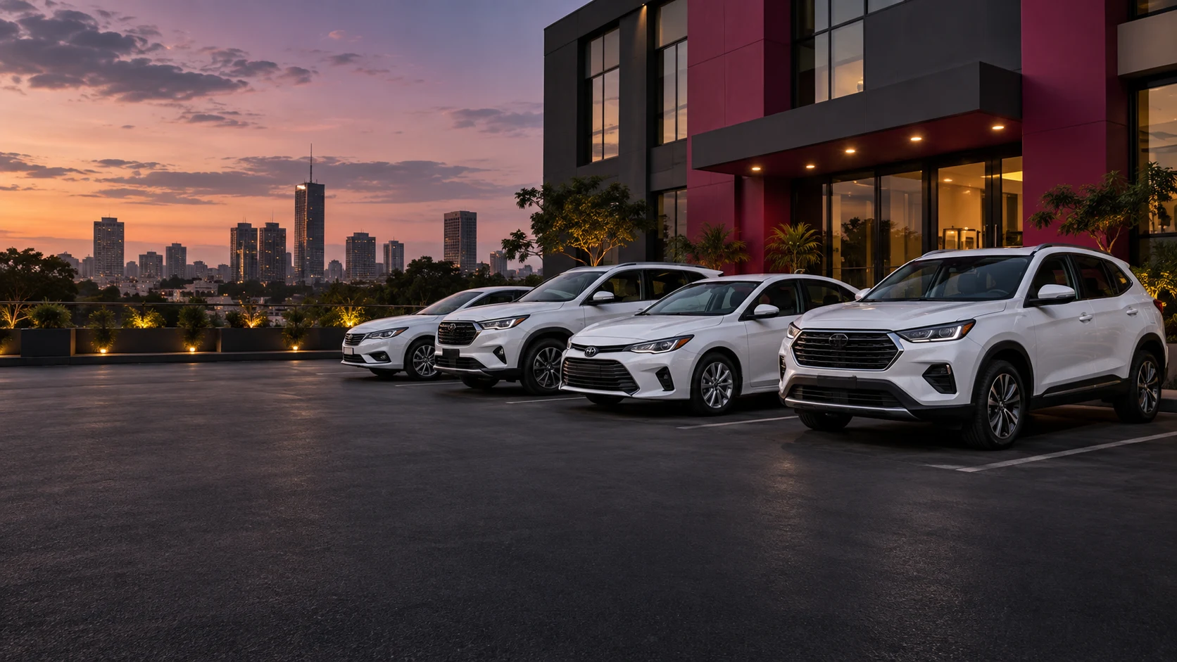 Sedans and SUVs at a vehicle fleet office
