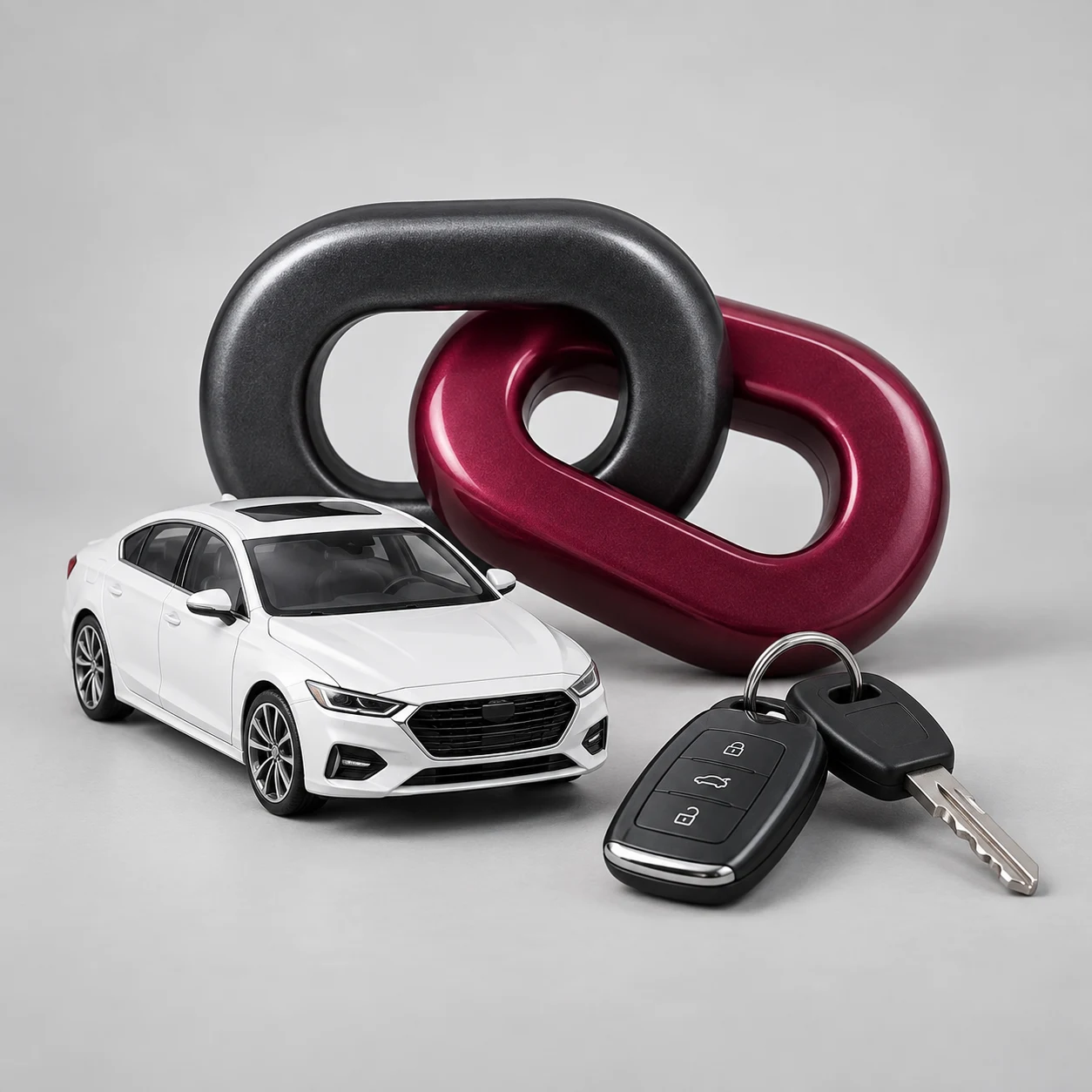 Vehicle, keys and linked rings representing shared success