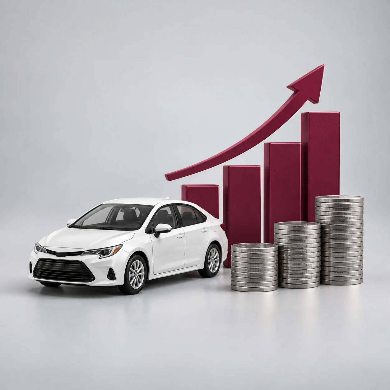 Vehicle earnings illustrated by a sedan, coins and a rising chart