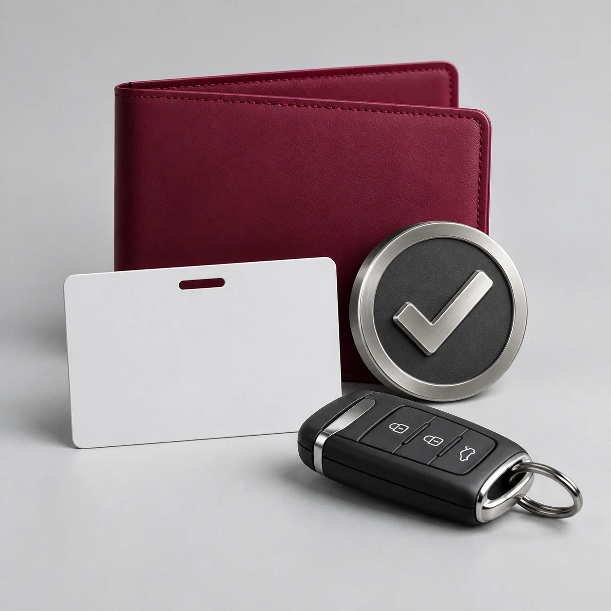 Identity card, checkmark and keys for driver verification