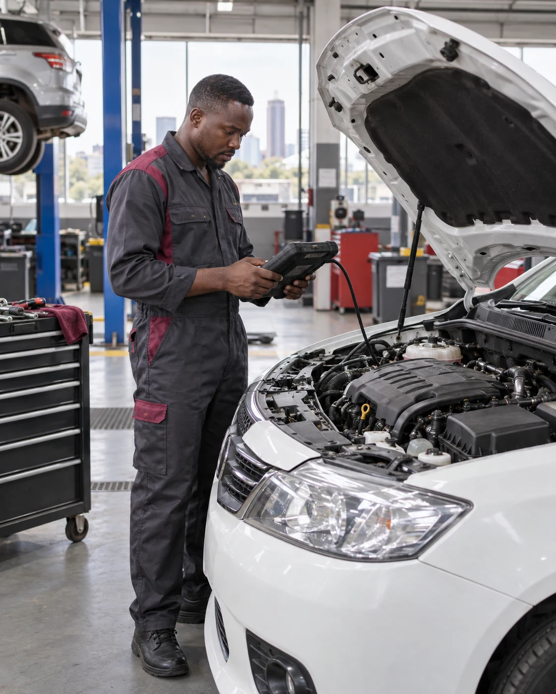 Illustrative technician carrying out a vehicle diagnostic inspection