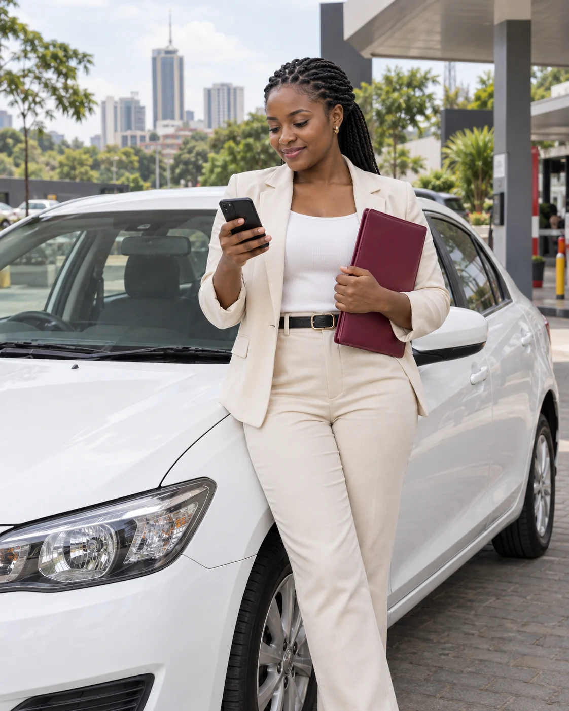 Illustrative vehicle owner checking her smartphone beside a sedan